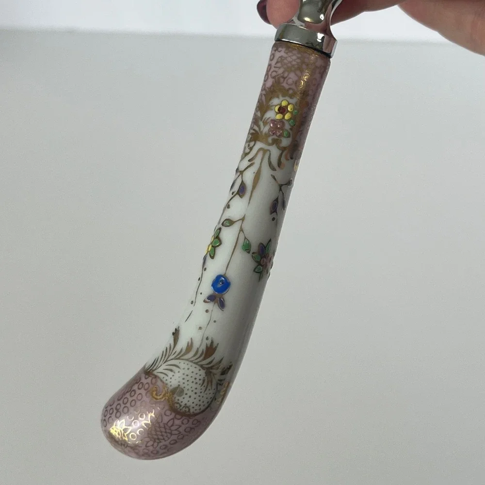 A E Lewis Co Shell Serving Spoon Porcelain Floral Handle Silver Tone Vintage